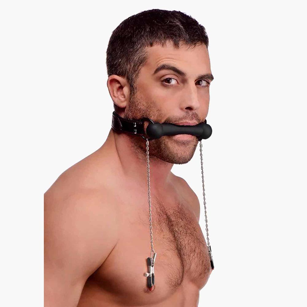 Black Silicone Bit Gag with Nipple Clamps