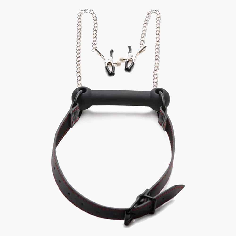 Black Silicone Bit Gag with Nipple Clamps Black Silicone Bit Gag with Nipple Clamps
