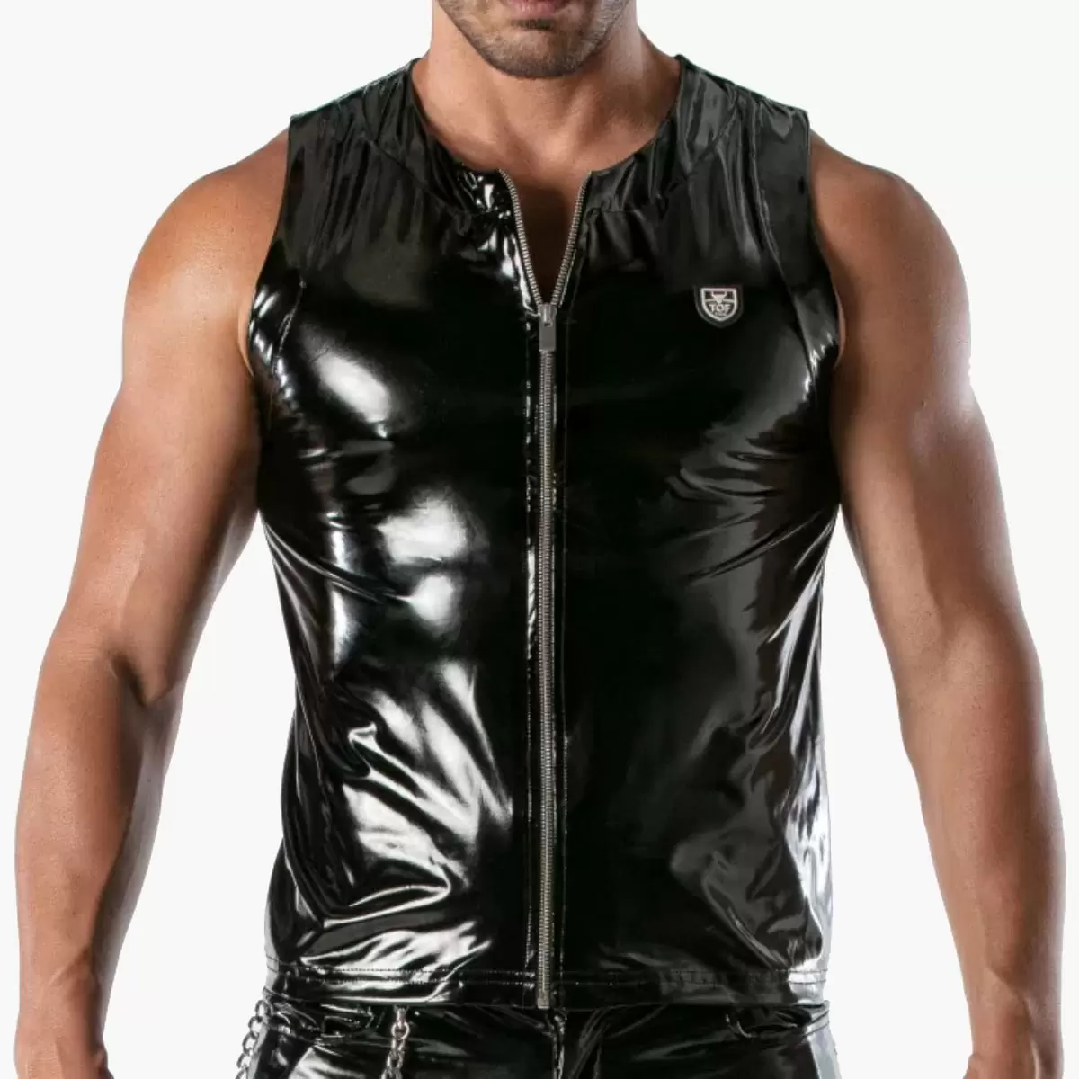 Camiseta sin mangas TOF Paris de vinilo con cremallera negra aspecto húmedo gay para hombre fetiche rizado ropa de club nocturno - Imagen 4 de 7